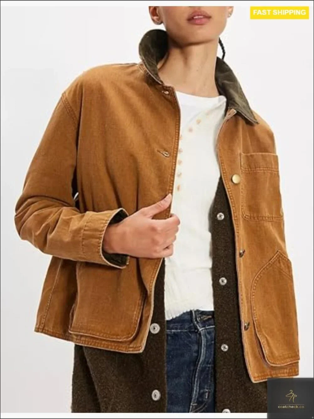 Oversized Barn Jacket Contrast Collar Button Down Casual Coat With Pockets